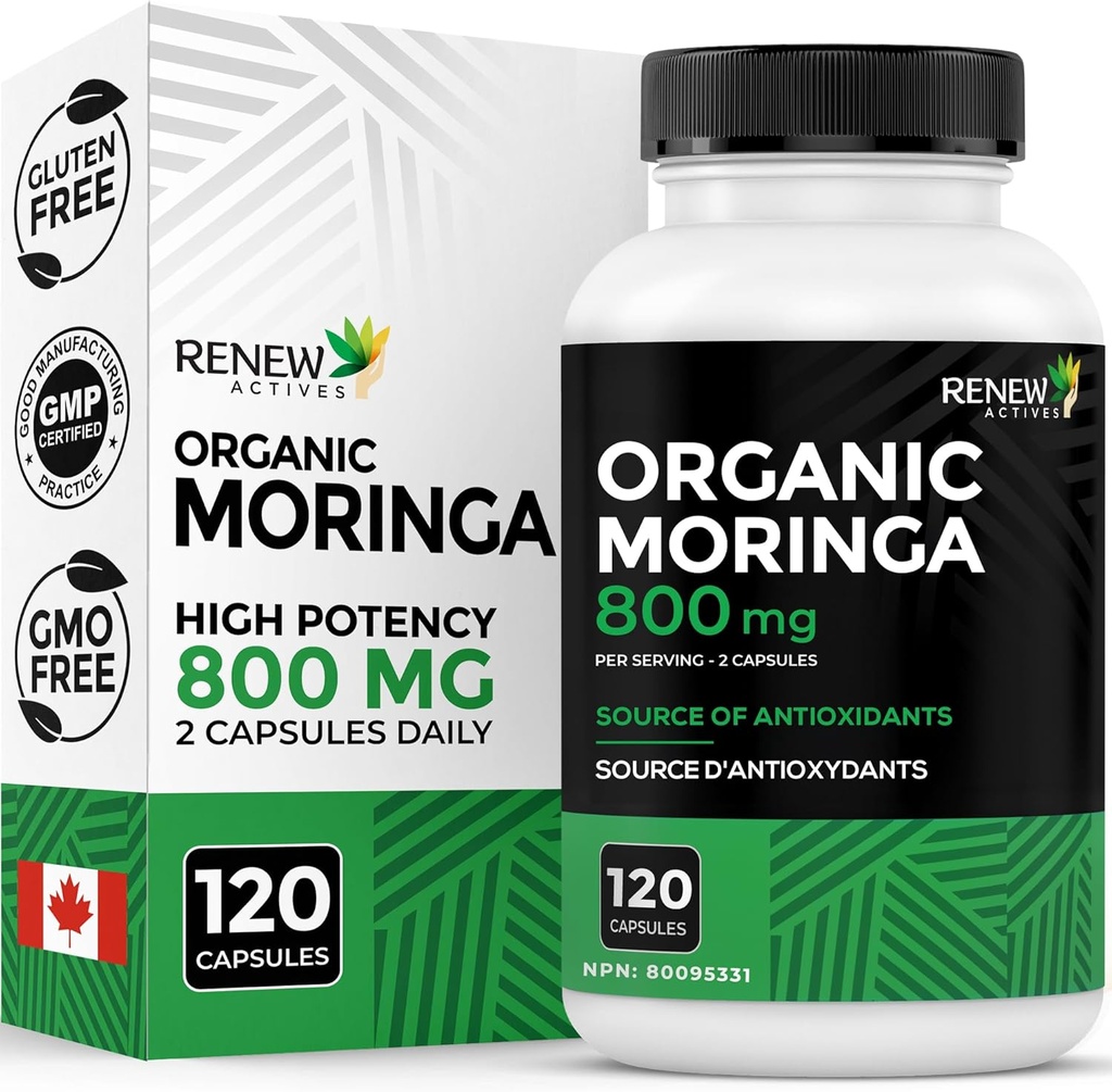 Renovar Activos Moringa Leaf Suplemento 800MG por 2 Capsules- Antioxidante-Rich Moringa Oleifera - Promueve Buena Salud &amp; Bienestar - Fácil de Tragar - Hecho en Canadá - 120 cápsulas