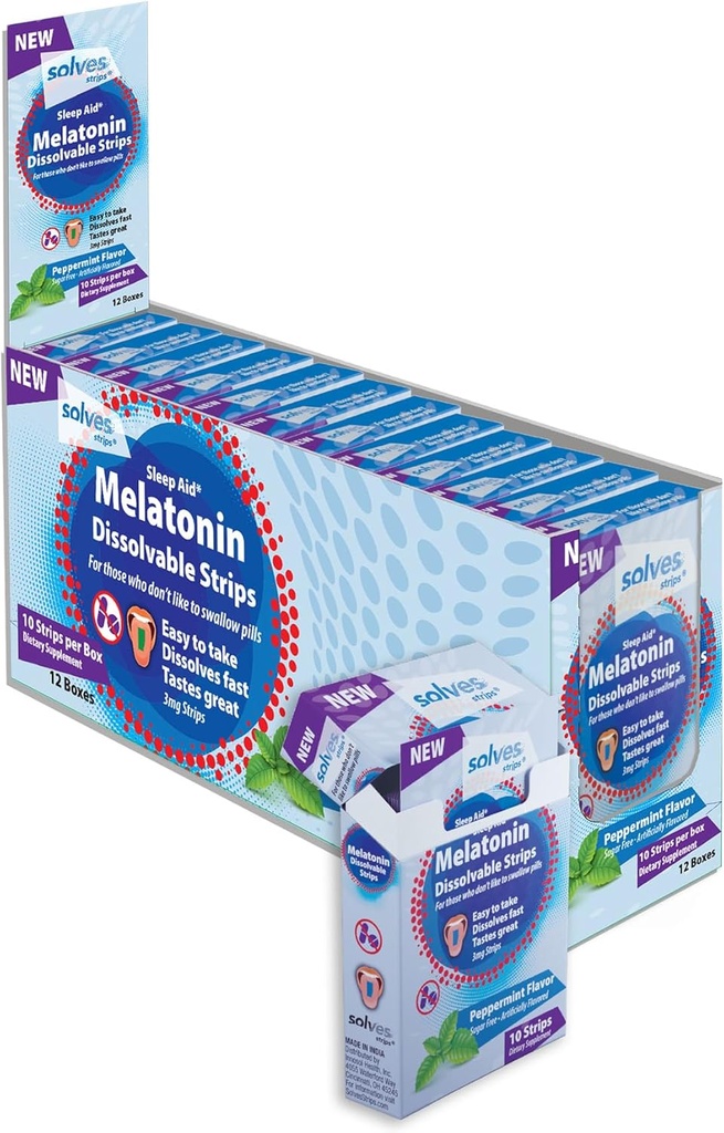 Solves Sleep Aid - 3mg Melatonin Dissolve Strips, Quick, Deep &amp; Restful Sleep Solution, Peppermint Flavor, Adults, Sugar-Free/Drug-Free/Travel-Friendly (120 Pack)