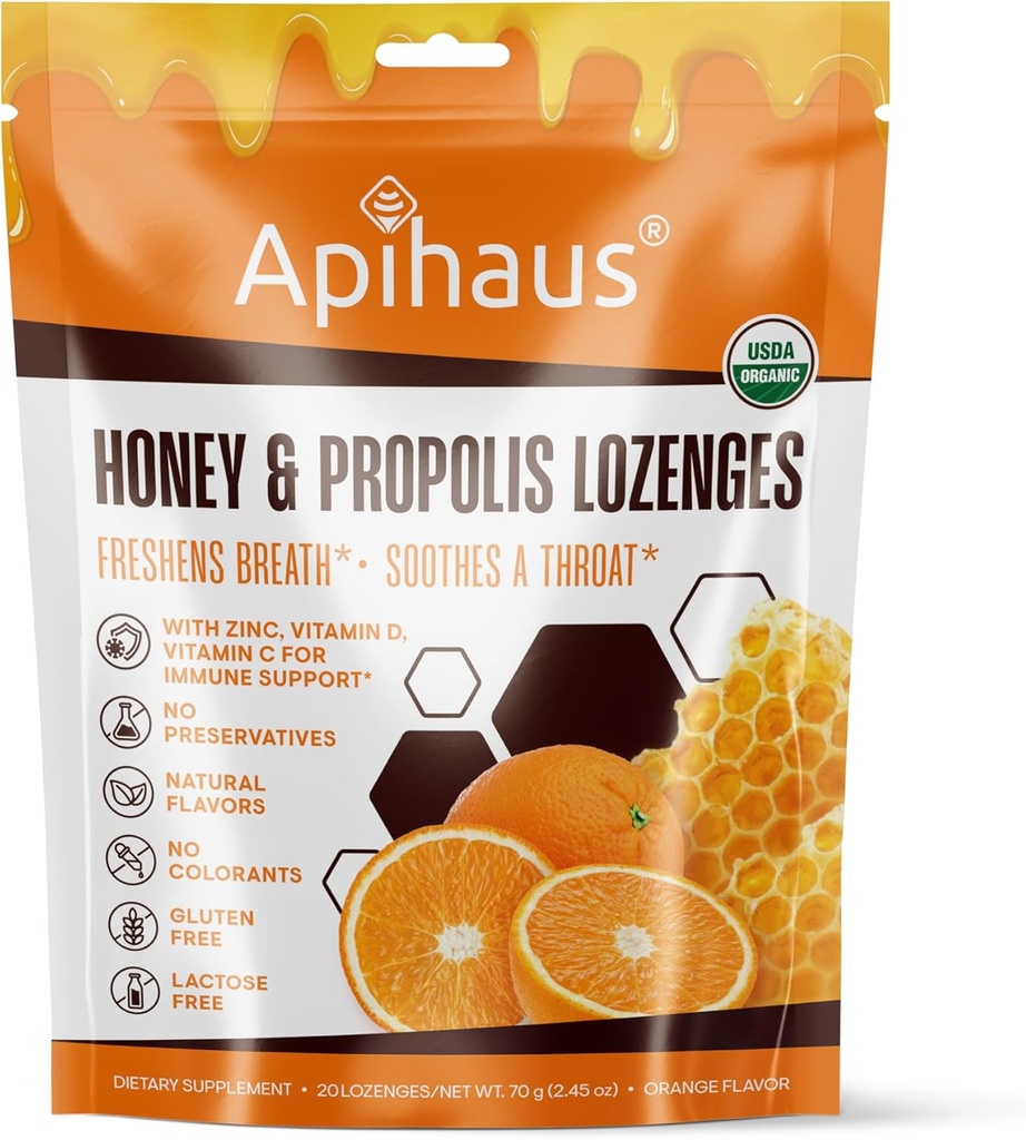 Miel y Propolis Lozenges Orange Flavor, Freshens Breath - Soothes a Throat- Immune Support with Vitamin C, Vitamin D and Zinc, 20 Conde
