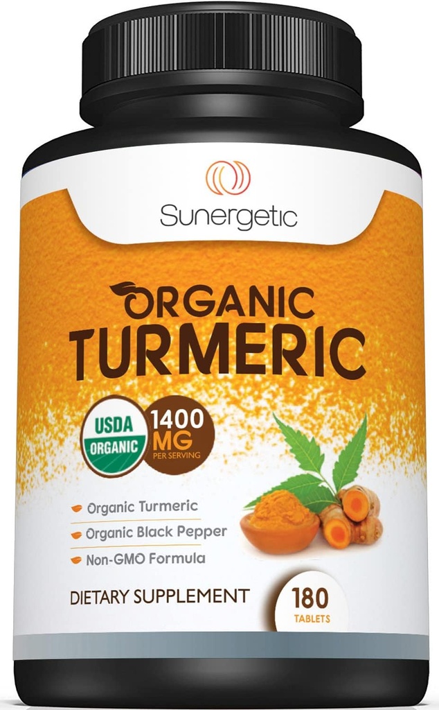 Sunergetic USDA Certified Organic Turmeric Supplement – Incluye Turmeric Orgánica &amp; Pimienta Negra Orgánica – 1.400 mg de Turmeric por Serve - 180 Conde (Pack of 1)