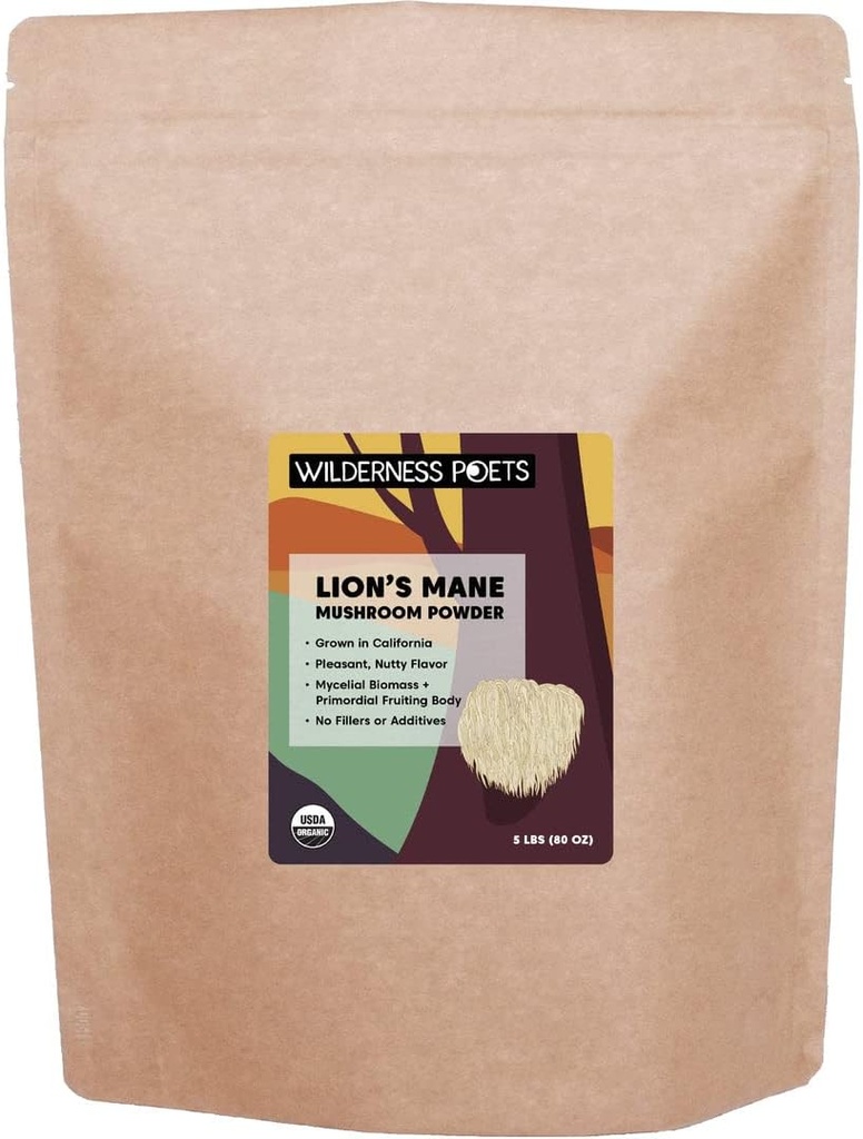 Wilderness Poets Organic Lion's Mane Mushroom Powder - California Grown (80 Ounce - 5 libras)