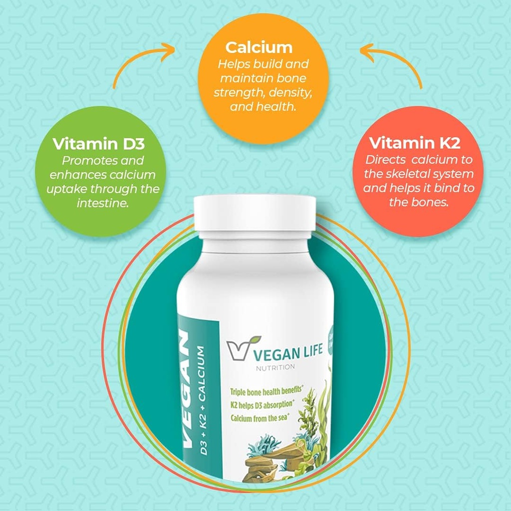 Vitamina D3, K2 y suplementos de calcio, 60 cápsulas