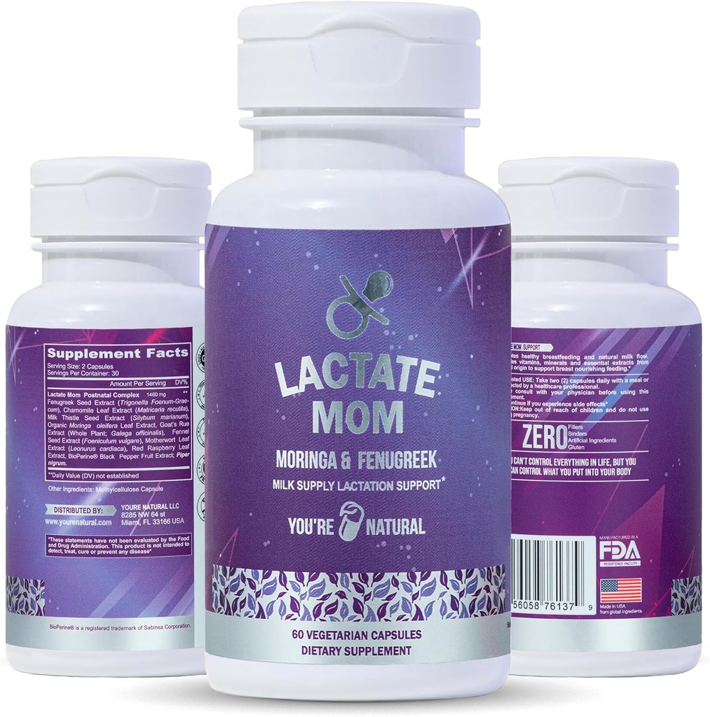 You'RE NATURAL Lactate Mom Postpartum Support Breastfeeding Vitamins for Mom & Baby, Organic Moringa, Milk Thistle, Fenugreek, Goat ́s Rue and Chamomile 60 Vegetarian Capsules