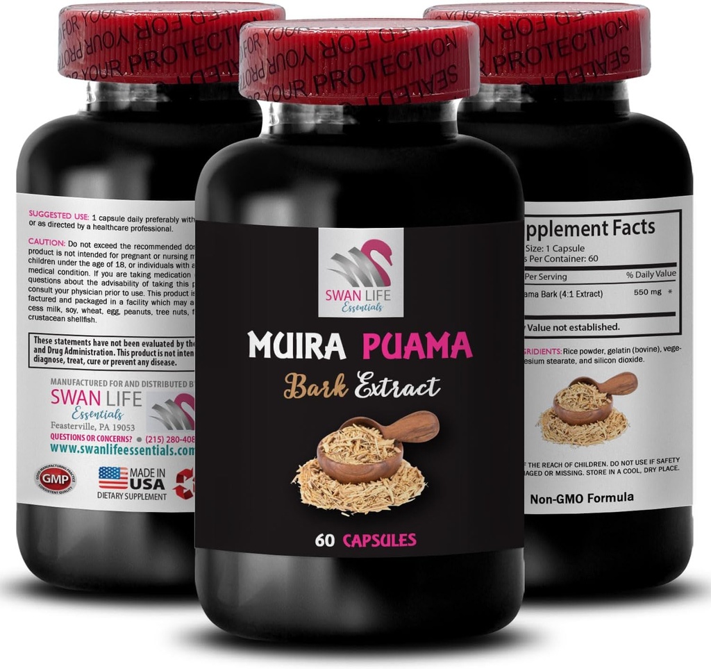 Fuente de energía botánica - Muira PUAMA BARK Extract - Apoyo a la Resiliencia Natural, Reequilibrio de Energía, Rendimiento Mental, Superficie de Poder de la Naturaleza, Energizing Routine, Active Boost Fórmula 1 Botella 60 Caps