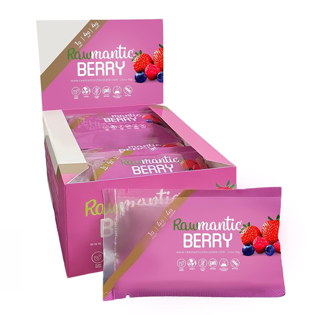 Rawmantic Chocolate Berry Vegan Energy Bars - 2.1 Oz (Pack of 12) - Chocolate Snack Bars - Dairy, Nut and Gluten Free Mixed Berry Bar - Perfect for Vegan Diets - Non-GMO Mixed Berry Chocolate Energy Bars