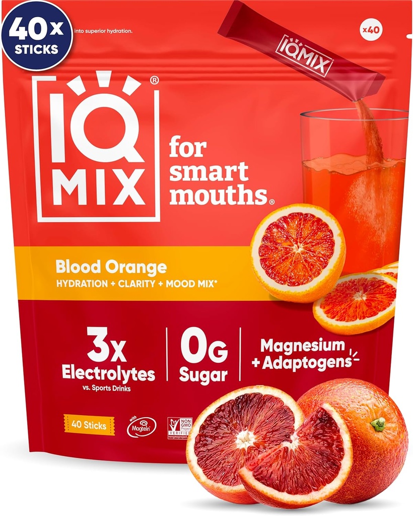 IQMIX Hydration Electrolyte Powder – 4-in-1 Formula for Hydration, Mental Clarity, Mood and Recovery – Sugar-Free Drink Mix, Keto, Magnesium L-Threonate, Lion’s Mane – 40 Count Blood Orange