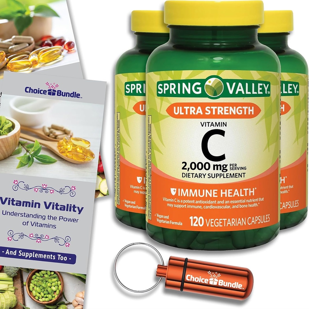 Elección Bundle Spring Valley Ultra Strength Vitamin C Capsules Suplemento dietético 2.000 mg 120 Ct 3 pk (360 Total) + Guía de vitaminas " Container (5 artículos)!