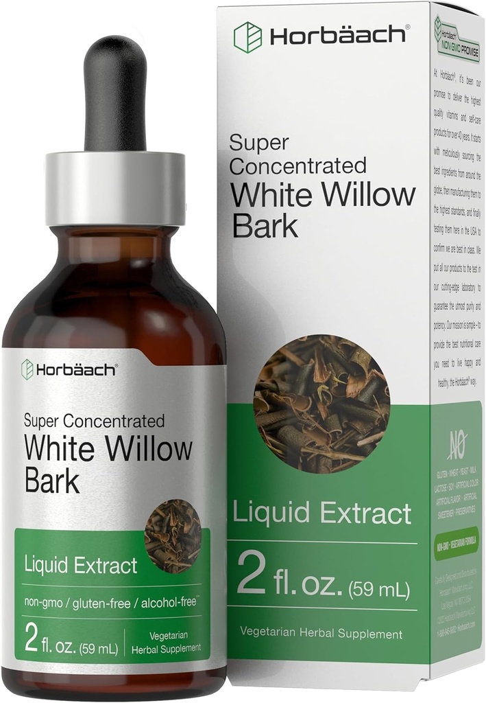 Horbäach White Willow Bark Extract Tincture | 2 Fl oz | Alcohol Free Liquid Supplement | Super Concentrated | Vegetarian, Non-GMO, Gluten Free