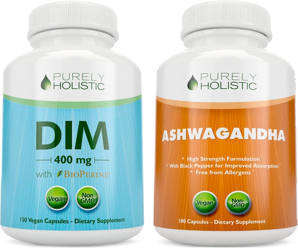 Puramente Holistic Dim 400mg &amp; Bioperine + Organic Ashwagandha 1300mg Bundle - 330 cápsulas Vegan - Hecho en los EE.UU.