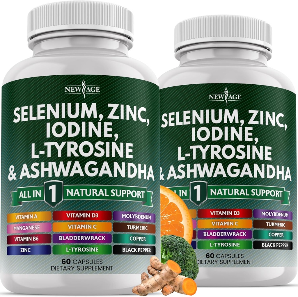 NEW AGE Selenium, Zinc, Iodine, L Tyrosine, Ashwagandha - Suplemento para Mujeres y Hombres con Bladderwrack, Turmeric, Silica Kelp, Schisandra - 120 Conde