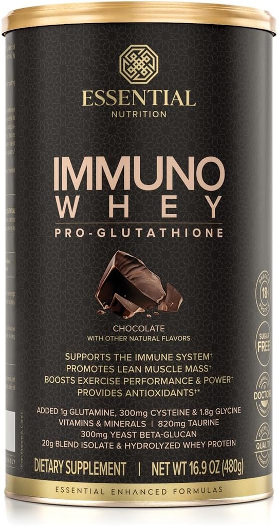 Nutrición esencial Inmuno Whey - Isolate & Hidrolyzed Whey Protein Powder con Aminoácidos añadidos para apoyar la producción de Glutathione - Beta Glucan - Chocolate - 16.9 oz (15 Servimientos)