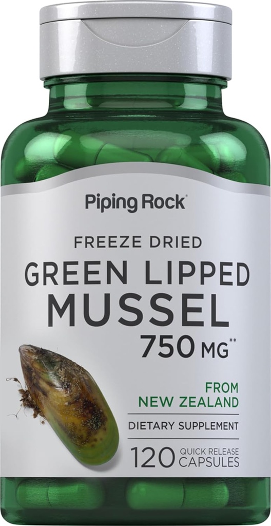 Piping Rock Green Lipped Mussel 750mg  120 Capsules ← Suplemento para los seres humanos ← Freeze Dried from New Zealand ← Non-GMO, Gluten Free