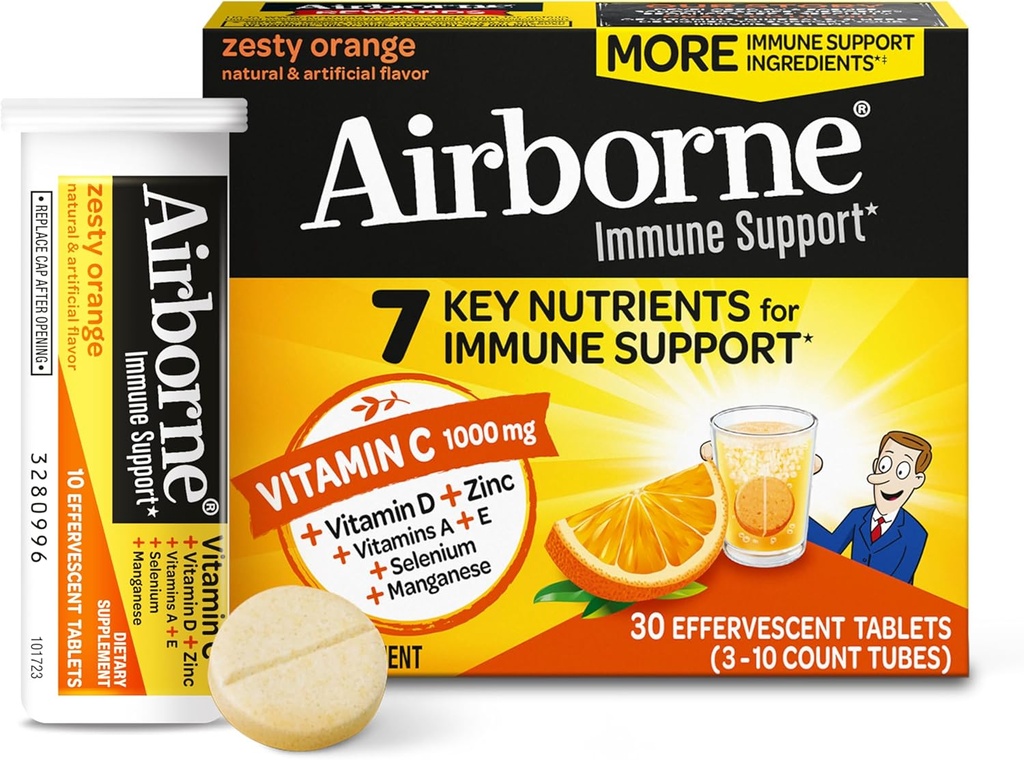 Airborne 1000mg Vitamina C con Vitamina D &amp; Zinc, Sugar Free Multivitamin Immune Support Suplemento, Antioxidantes Vitaminas A C & Vitamina E, 30 Tablas Effervescentes, Zesty Orange Flavor