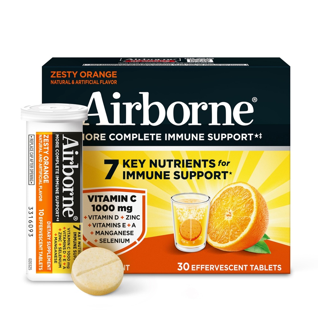 Airborne 1000mg Vitamina C con Vitamina D &amp; Zinc, Sugar Free Multivitamin Immune Support Suplemento, Antioxidantes Vitaminas A C & Vitamina E, 30 Tablas Effervescentes, Zesty Orange Flavor