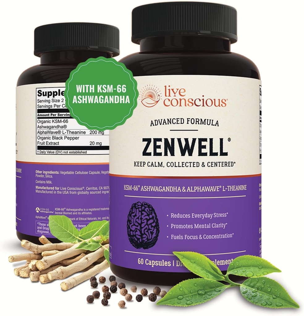Live Conscious KSM-66 Ashwagandha Suplemento w/L Theanine &amp; AlphaWave - ZenWell Todos los días Stress Relief, Cognitive, Brain Health - Ashwagandha for Men &amp; Women - 60 cápsulas