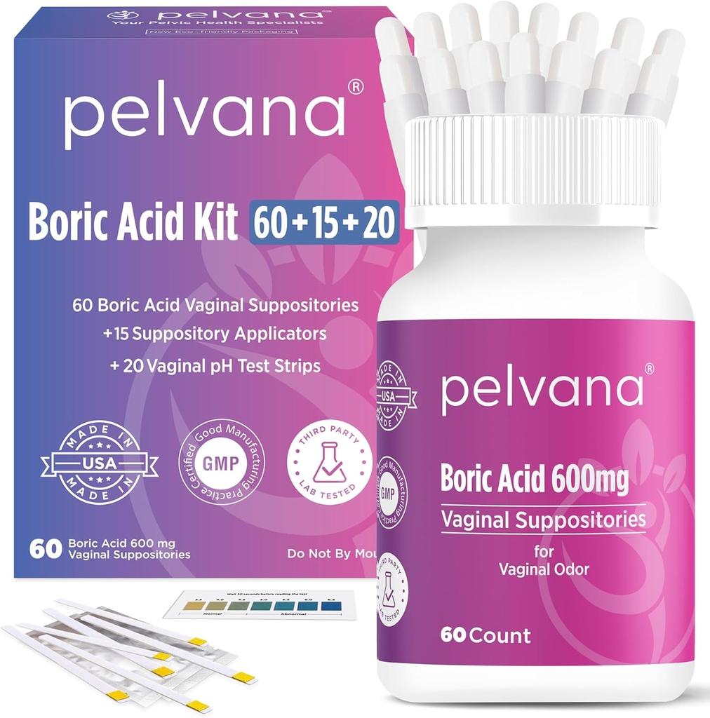 Pelvana Boric Acid Suppositories for Women 60 + 15 Applicators + 20 pH Test Strips = 95 Piece Kit for Vaginal Odor - Third-Party Lab Tested & Made in The USA