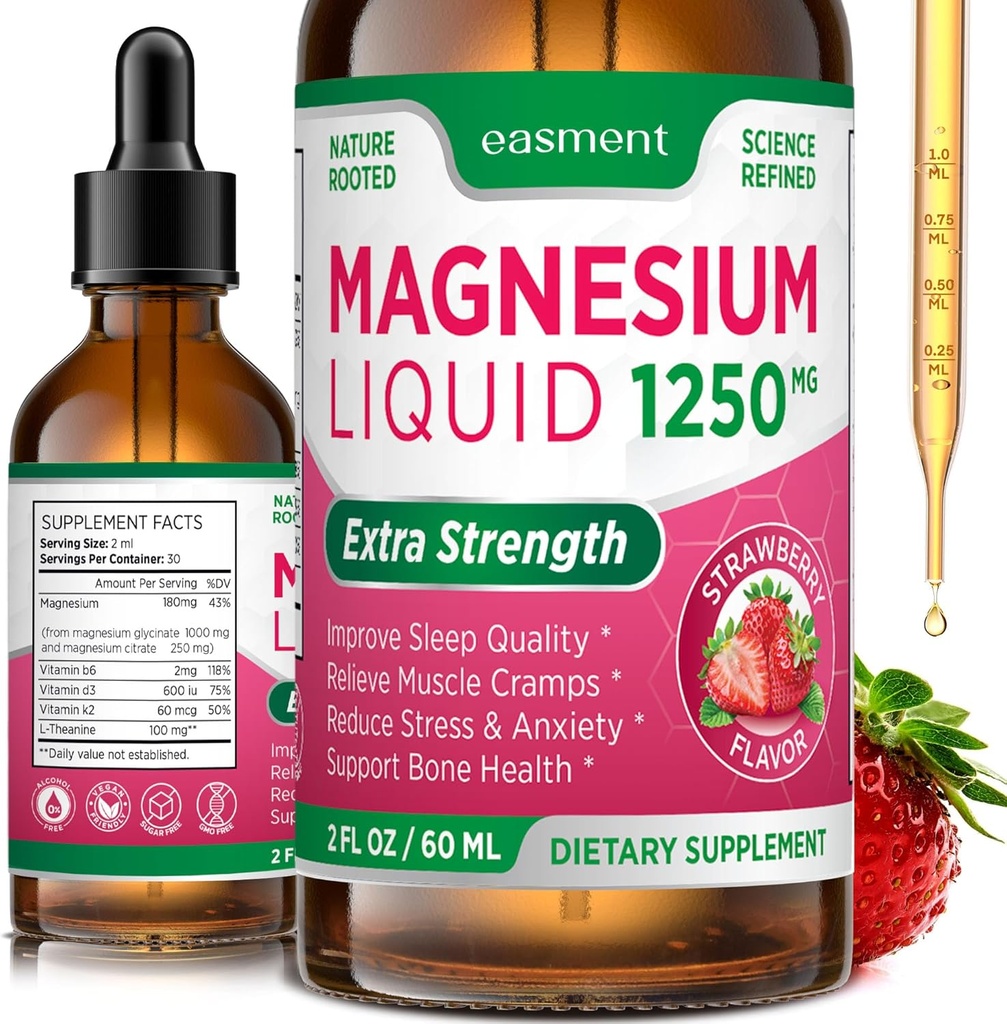 Magnesium Glycinate and Citrate Liquid for Women: 1250mg Magnesium, Vitamina B6, D3, K2, " L-Theanine for Muscle Relaxation, Sleep Support " Global Wellness of Women and Men (2 Fl Oz (Pack of 1))