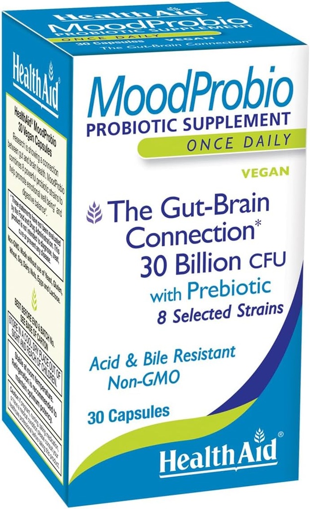HealthAid MoodProbio 30 Ct, 30 Billion CFU con Prebiótico, 8 Strains seleccionados, Once Daily, Acid &amp; Bile Resistant, Gluten, Dairy, y GMO Free, Vegan