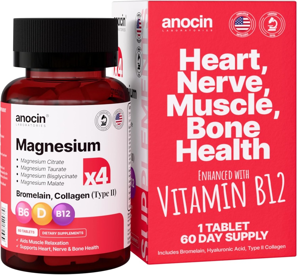 Complejo de magnesio 4X 200 mg + Glicinato de magnesio + Citrato + B12 Absorción alta + Taurate + Malate + Bromelain+Colagen (Tipo II)+Acido hialurónico+Corazón, Muscle+Apoyo de unión, 60 días