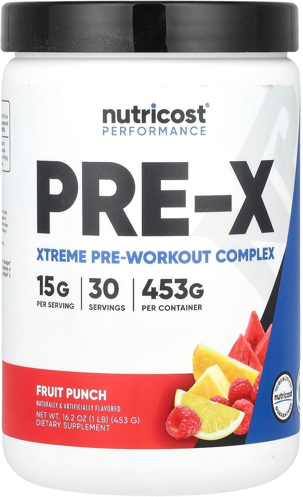 Nutricost Pre-X Xtreme Pre-Workout Complex Powder, Fruit Punch, 30 Servings, Vegetarian, Non-GMO y Gluten Free