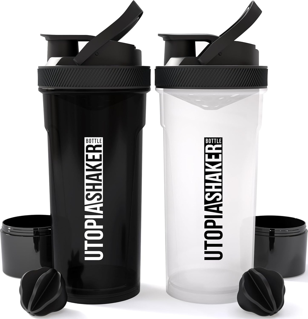 Utopia Home Shaker Bottle 2 Pack - 24 Ounce Plastic Protein o Cocktail Shaker Bottle para Pre &amp; Post entrenamiento con Twist &amp; Lock Protein Box Storage (All Black & Clear/Black)