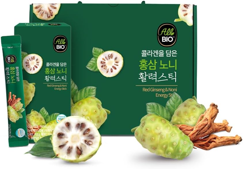 Java NONI Juice Extract Collagen Stick con RED Ginseng - 0.7 oz x 45 Stick - 100% Organic Fermented Noni with Resveratrol - Daily Antioxidant Superfood for Immune Support & Wellness by ALLBIO