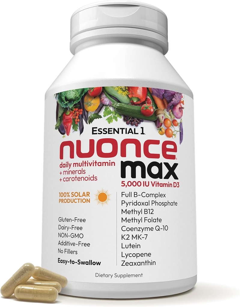 ANDREW LESSMAN Essential-1 nuonce max Multivitamin 5000 IU Vitamin D3 180 Capsules pequeños. 100 mcg Methyl B12. CoQ10 Lutein Lycopene Zeaxanthin. High Potency. Sin aditivos. Ultra-Mild One Daily Capsule