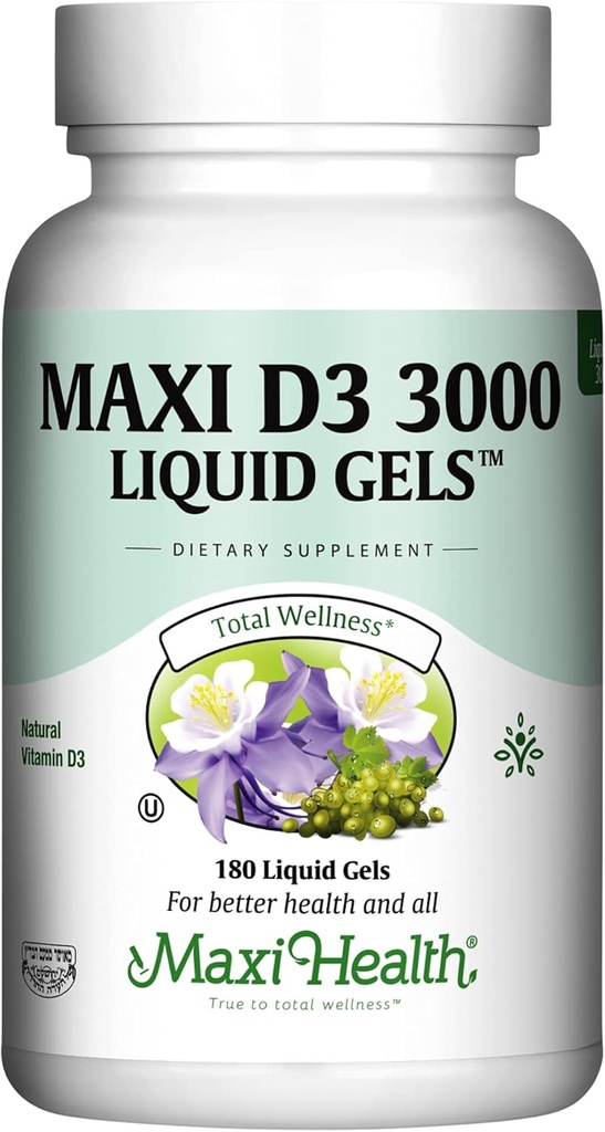 Maxi Health Vitamin D3 3000 UI 75 mcg Vitamina D Suplemento para Huesos Saludables, Dientes, Apoyo Inmunitario - VIT D3 Suplemento Fácil de Tragar No GMO, Suplemento para Hombres y Mujeres – Kosher 180 Gels