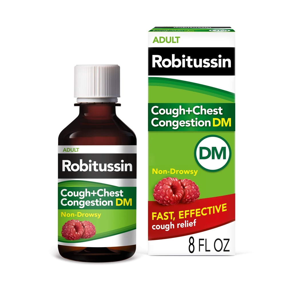 Robitussin Cough and Chest Congestion DM, Cough Suppressant and Expectorant, Raspberry Flavor - 8 Fl Oz Bottle