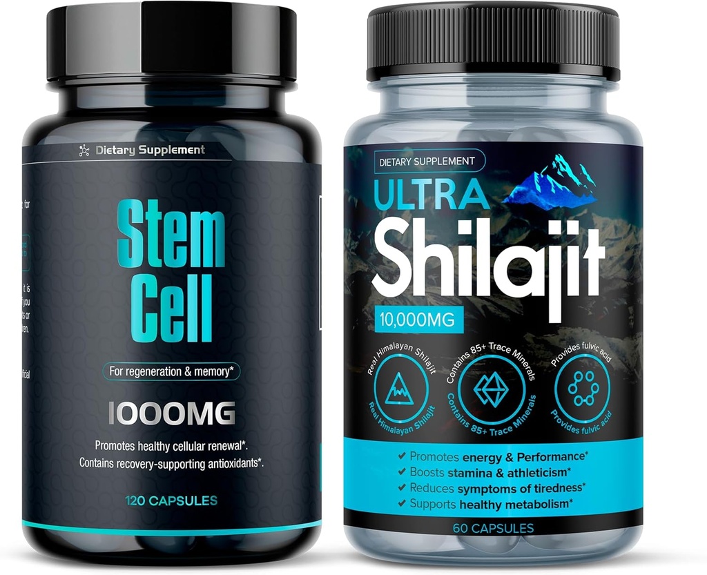 Premium Stem Cell 1000mg(120Ct) & Shilajit Supplement 10,000mg(60Ct) ← Vitality Booster Pack ¦ Boosts Immunity & Energy TEN Natural Antiaging &amp; Longevity TEN Spirulina, Chlorella & Mineral Extract (1)
