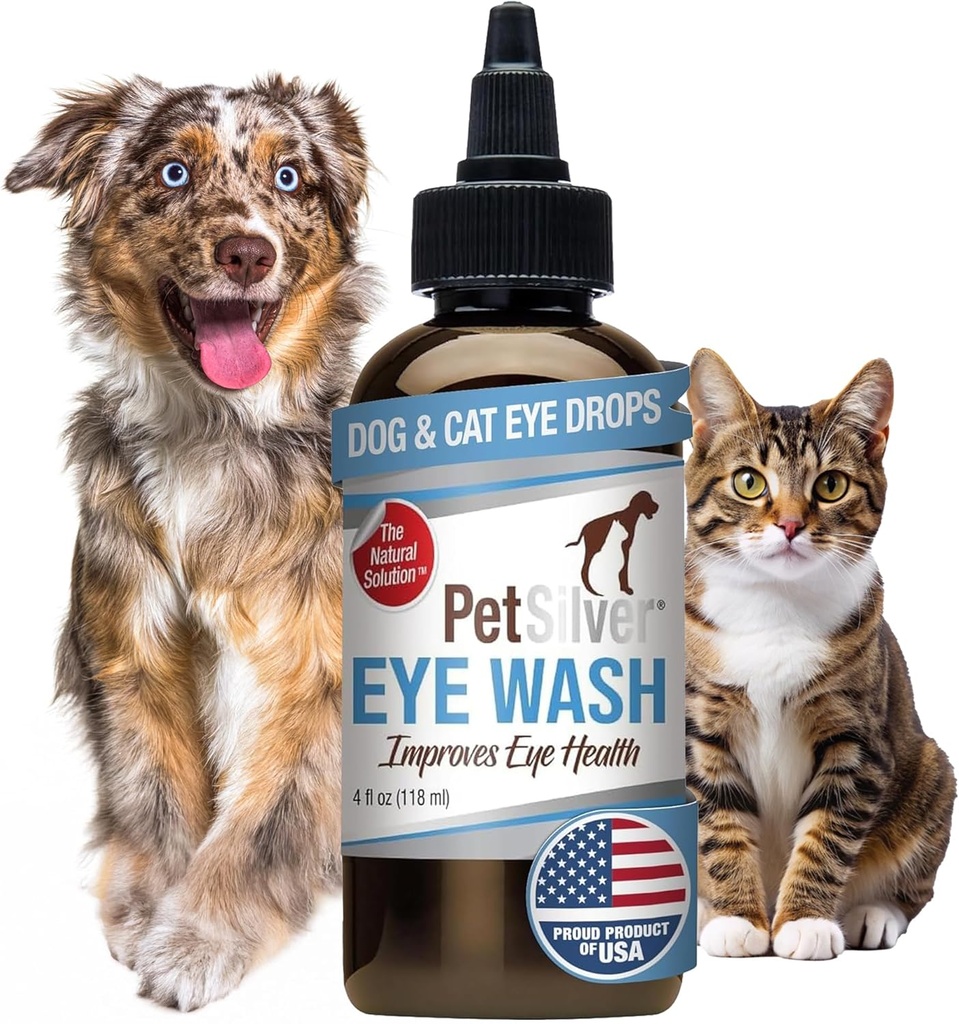 PetSilver Eye Drops for Dogs and Cats - Natural Dog Eye Wash - Alivio para Inflamación & Irritation - Pet Eye Cleaner and Tear Stain Remover - Patented Silver Formula - Made in The USA - 4 fl oz