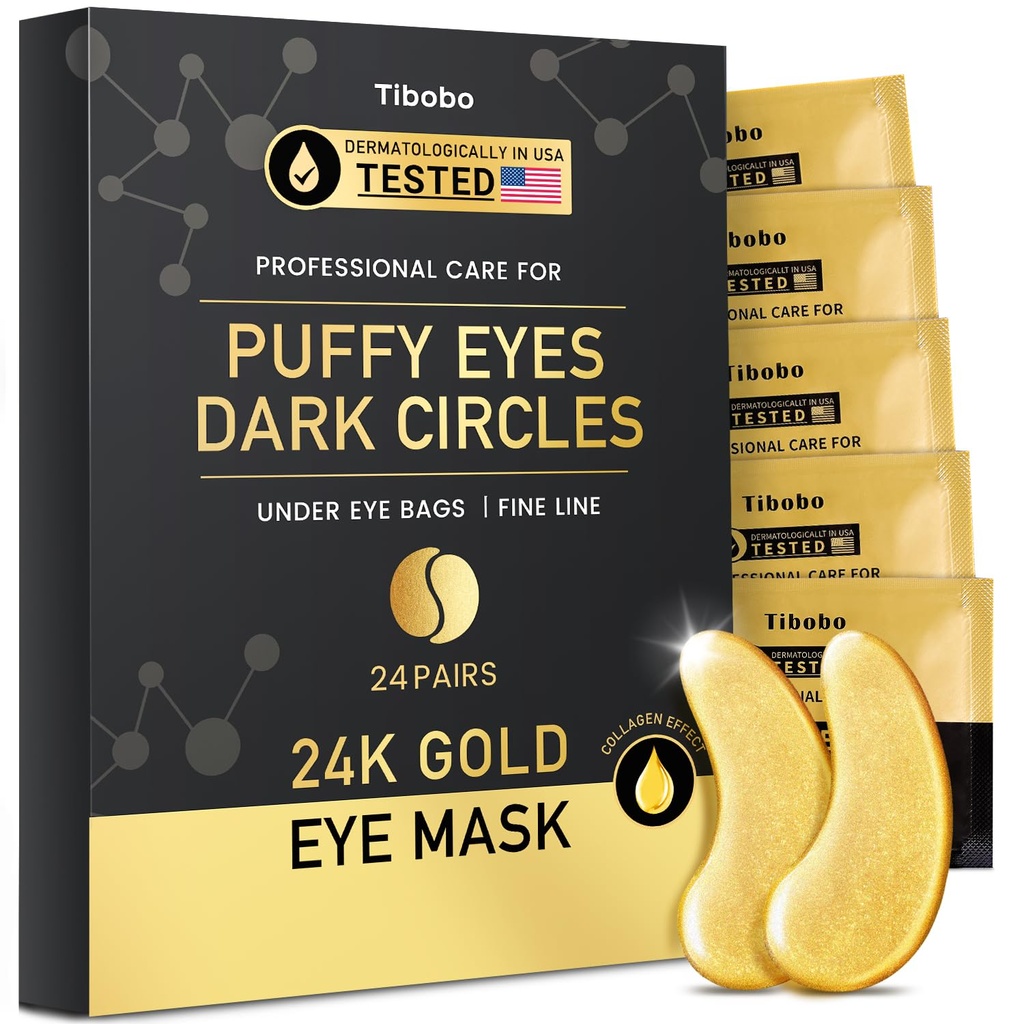 Bajo pares de ojos (24 pares) - 24K Gold Eye Masks Enriquecido con Abundant Collagen ¦ Diminish Dark Circles and Puffiness ← Anti-Aging, Smooth Fine Line, Nourish Skin - Regalos para la atención de la piel de las mujeres