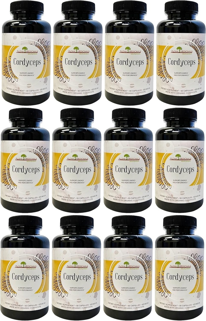 Aloha Medicinals Cordyceps puros, suplemento de setas orgánicas certificados, apoya la inmunidad y la energía, paquete de 12, 90 cápsulas cada uno