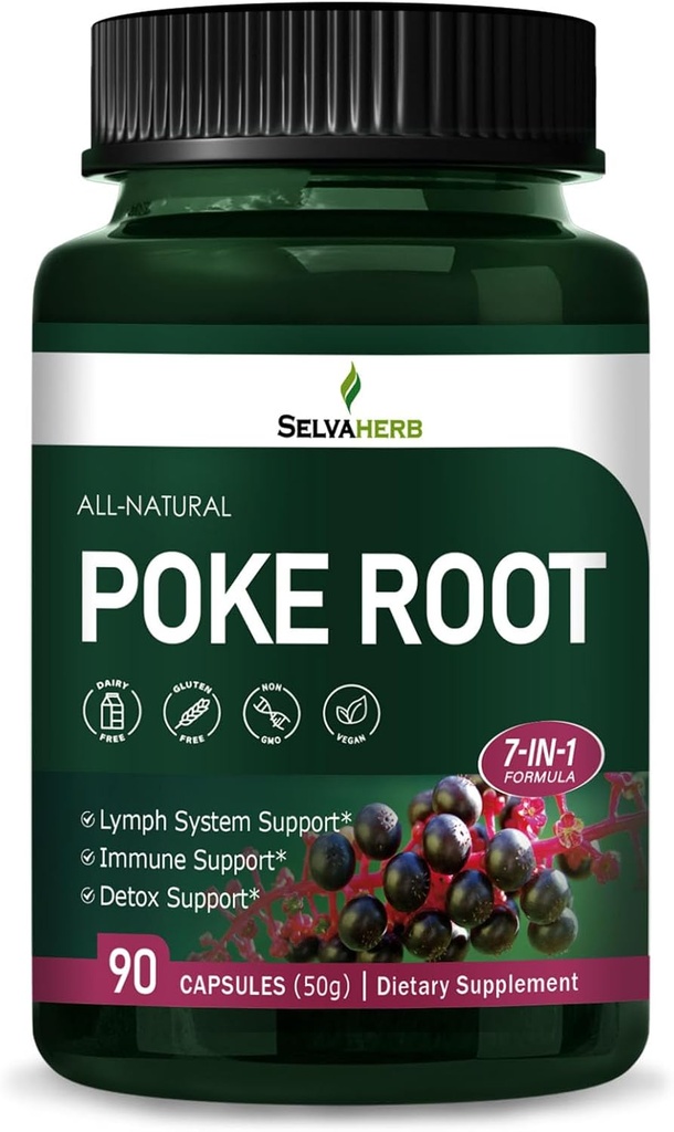 Poke Root Capsules Lymphatic Drainage Suplementos, Lymph System Support for Edema with Red Root Extract, Dandelion for Immune Boost & Lymph Detox Cleanse. Cuenta 90