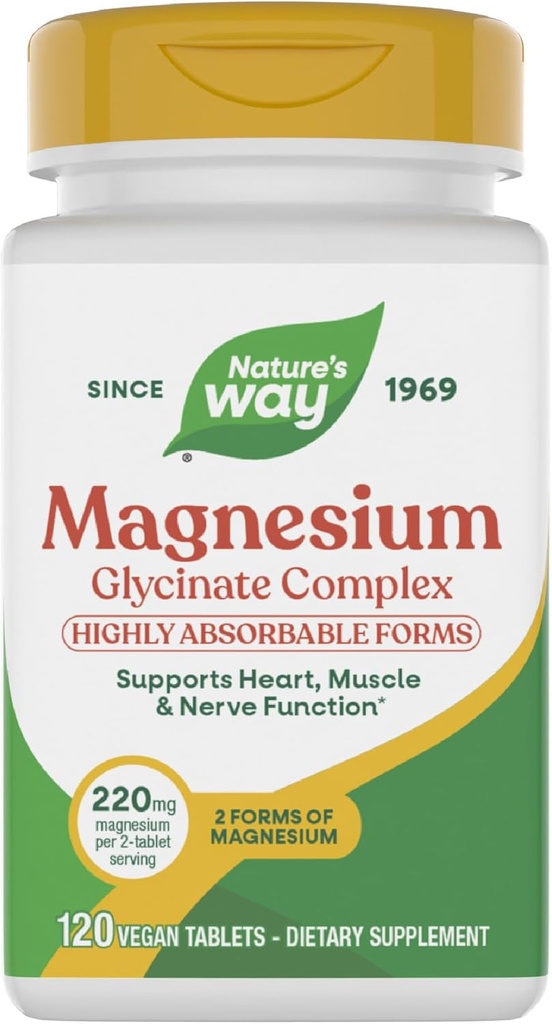 Nature's Way Magnesium Glycinate Complex, Supports Heart, Muscle, Nerve Function*, Highly Absorbable, 220 mg per 2-Tablet Serving, No Gluten, Vegan, 120 Tablets (Packaging May Vary)