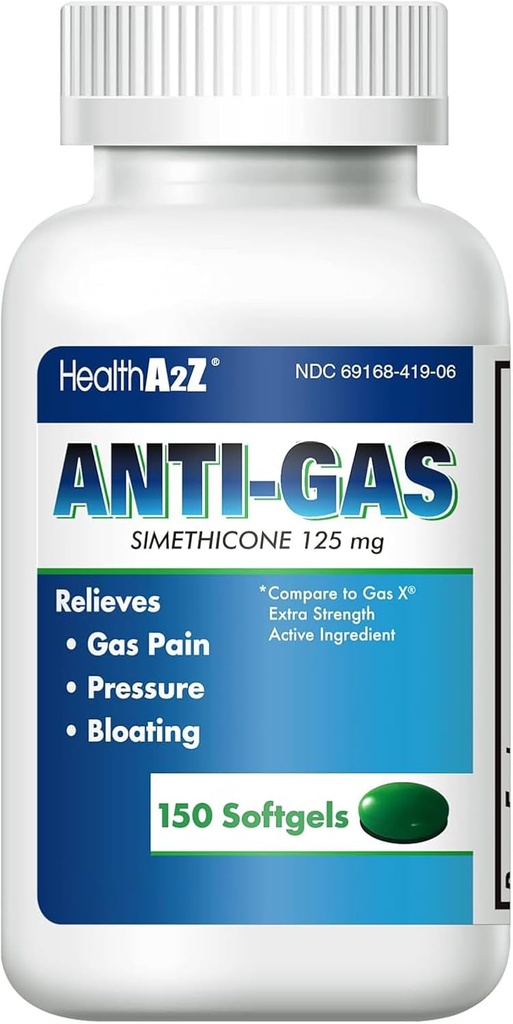 HealthA2Z® Gas Relief Simethicone Silencioso 125mg Silencio Aliviado de Stomach Incomodidad y Gas Silencioso Anti Flatulence ¦ Alivia Gas Fast and Bloating (150 Condes (Pack of 1))