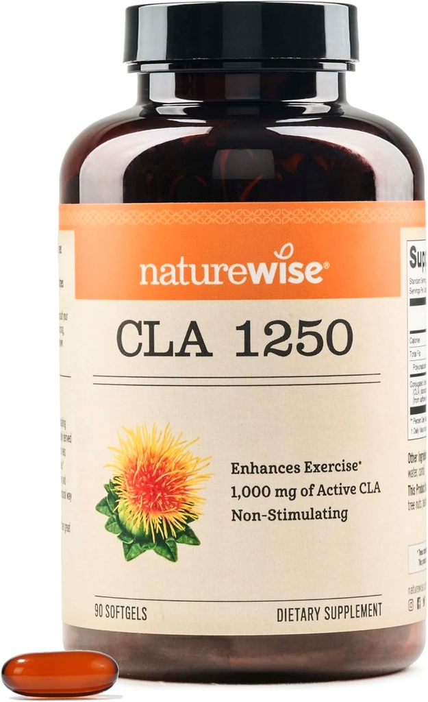 NatureWise CLA 1250 - Suplemento de ácido linoléico conjugado para mujeres y hombres, no estimulantes, apoya el peso saludable, los objetivos de fitness - no GMO, sin gluten - 90 Softgels[1-Month Supply]