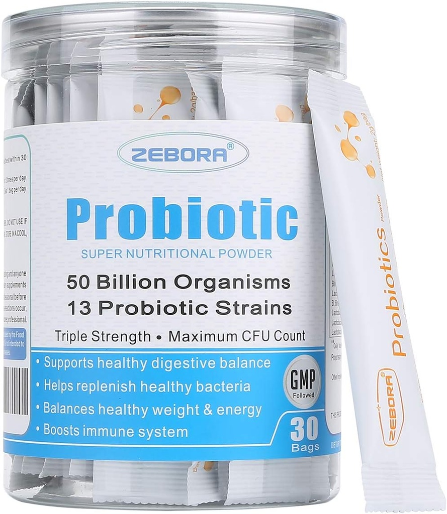 Probióticos ZEBORA para Mujeres, Hombres y Niños, Prebióticos y Probióticos Polvo para la Salud Digestiva e Inmunitaria - Apoyo sano-Respiratorio-System Gluten Libre y No GMO, 30 Packets