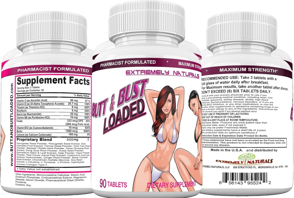 Butt &amp; Bust Loaded, Best Breast Enlargement, Butt Enlargement & Skin Tightening Pills - Natural Bust & Butt Enhancement - Female Body Augmentation – Get Fuller, Firmer Breasts, Booty & Skin. 90 Tabs