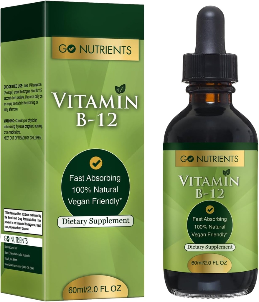 Go Nutrients Vitamina B12 Methylcobalamin sublingual – B-12 Liquid Drops 3000mcg, Organic Raspberry Flavor, Vegan – Supports Energy, Nerve Health & Red Blood Cell Formation - 2oz (48 Servings)