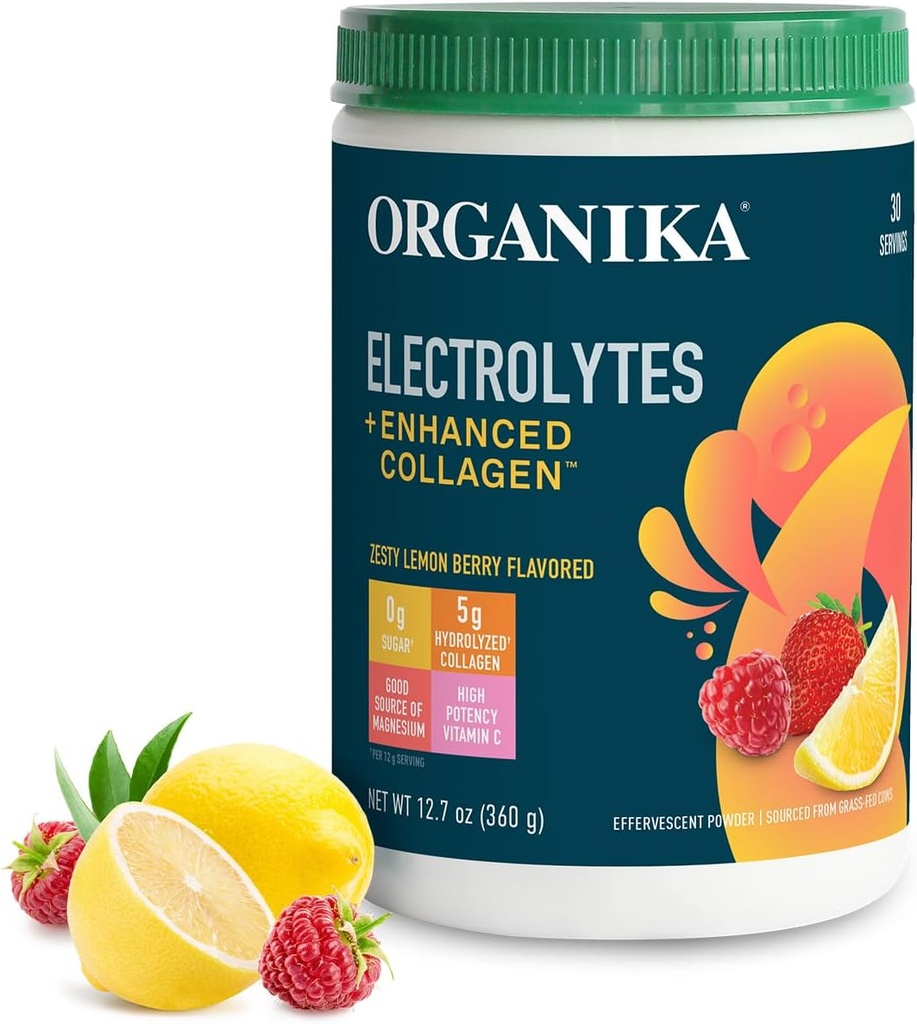 Organikа Electrolitos con polvo colágeno mejorado para hombres de mujeres - 13 oz - Zesty Lemon Berry-Flavored Effervescent Electrolyte &amp; Collagen Drink Mix - Deep Hydration, Mobility, Skin, Hair, " Nails
