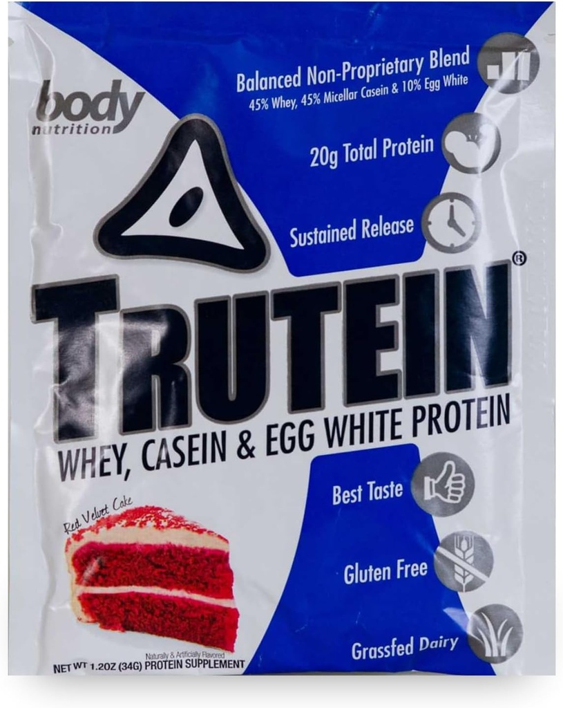 Body Nutrition Trutein High Protein Powder: 45% Whey, 45% Casein, 10% Egg White, Gluten-Free, Low Sodium, Grass Fed Whey Protein Powder, Gym Supplement &amp; Breakfast Shake, Red Velvet Cake, 34g Sample