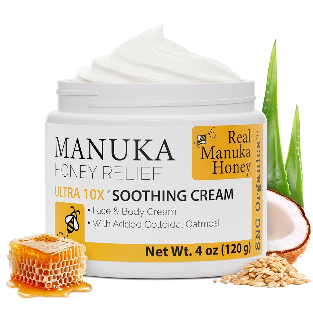Super Natural Goods Manuka Honey Cream (4oz) – Hidrating Lotion for All Skin Types Apto para Niños y Adultos ← Crema corporal hidratante con miel real Manuka Aloe Vera Juice y mantequilla de cacao