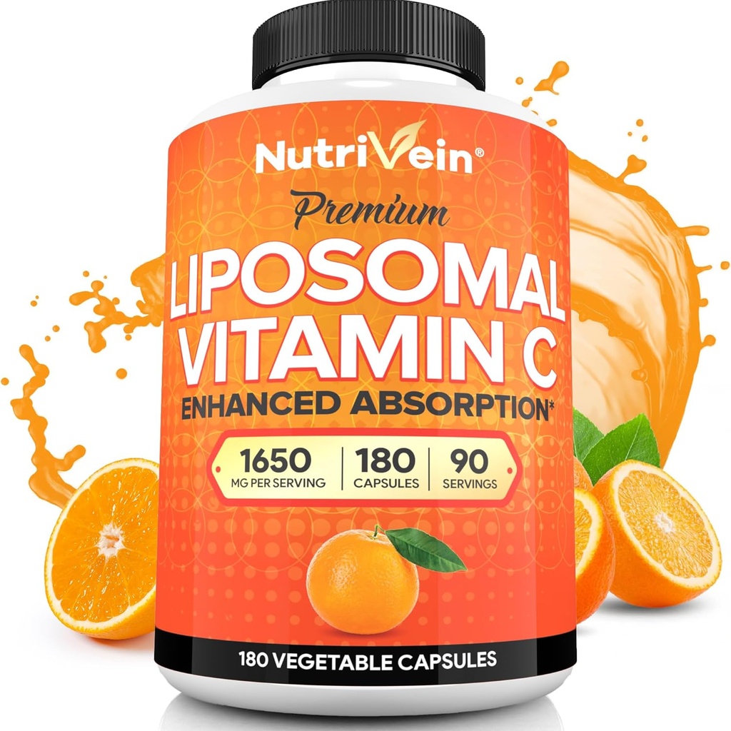 Nutrivein Premium Liposomal Vitamina C Suplemento 1650mg - 180 Caps: High-Absorption High Dose Vitamin C Capsules for Whole-Body Defenses &amp; Global Well-Being