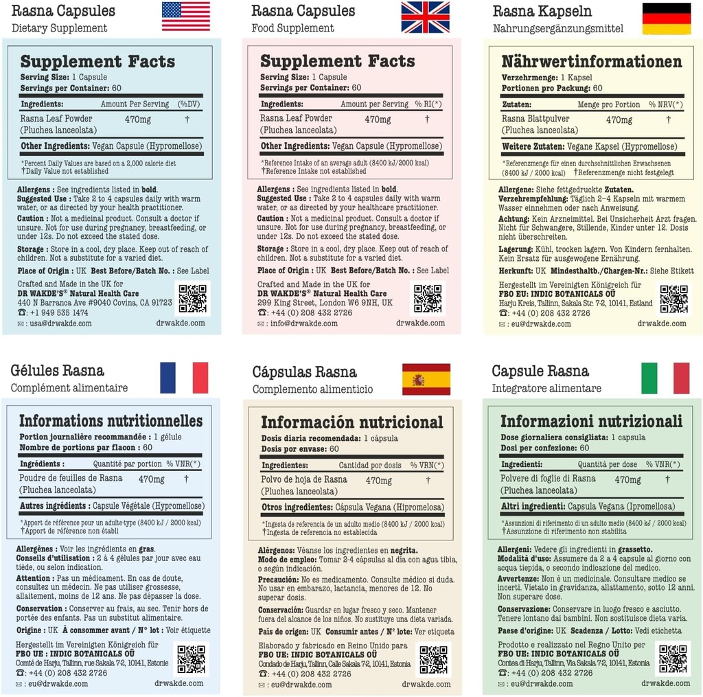 DR WAKDE'S Rasna Capsules (Pluchea lanceolata, 60 Veg Caps, Suplemento de base vegetal, hierba ayurvédica, todo natural, vegano)