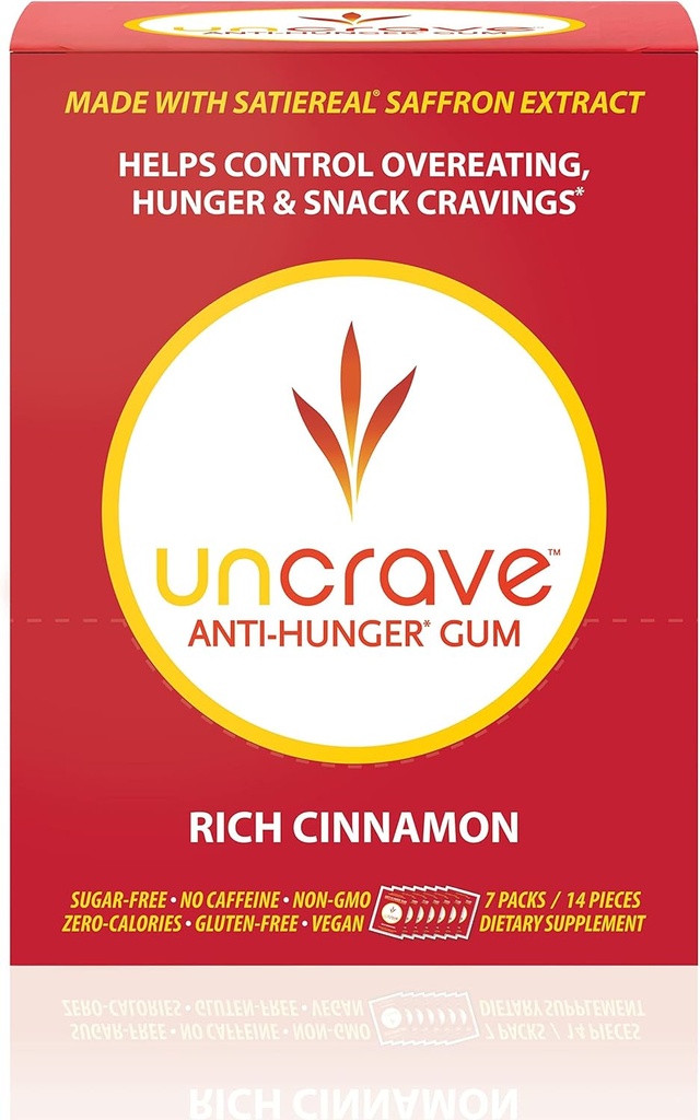 UNCRAVE Gum - Infundido con extracto de 100% puro de Saffron – Control Cravings - Mejorar el Mood - Vision Health - Rich Cinnamon (14 piezas)