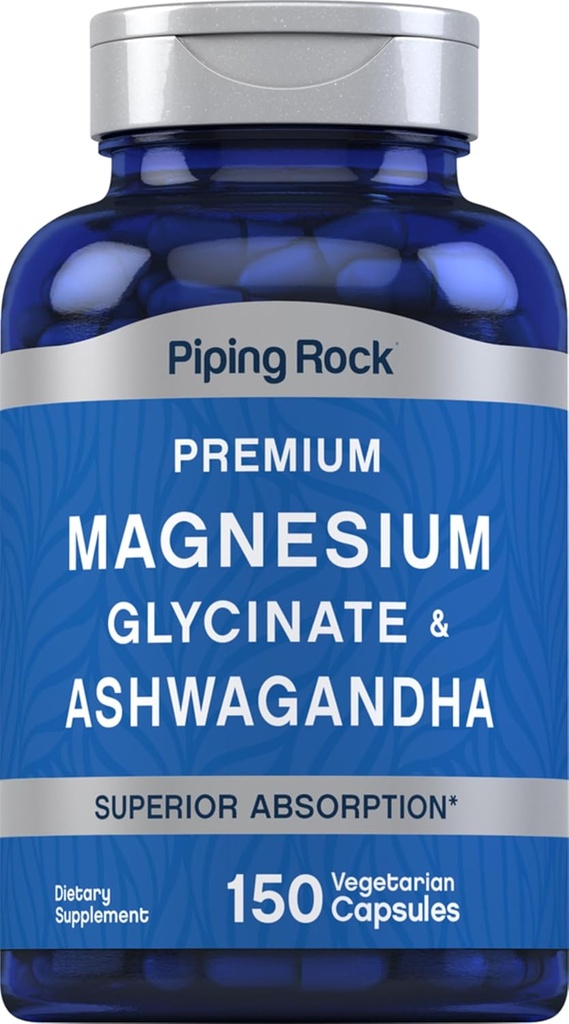 Piping Rock Magnesium Glycinate y Ashwagandha  vísperas 150 Capsules  Premium Complex Fórmula ← Vegetarian Supplement ← Non-GMO, Gluten Free