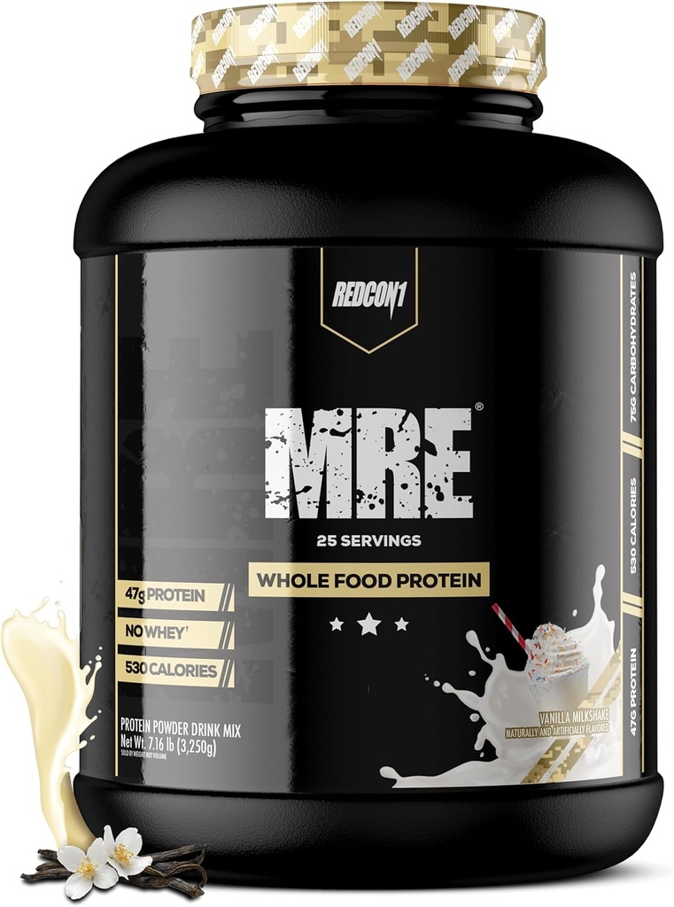 REDCON1 MRE Protein Powder, Vainilla Milkshake - Reemplazo de carne Protein Blend Made with MCT Oil & Whole Foods - Protein with Natural Ingredients to Aid in Muscle Recovery (25 Servings)