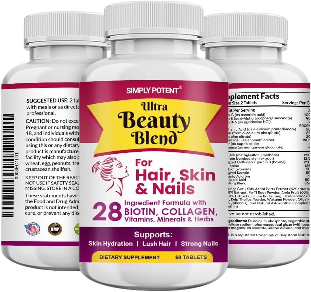 Sencillamente Potent Hair Skin and Nails Vitaminas, 28 Ingrediente Anti-Aging Natural Supplement, Biotin 5000mcg for Hair & Nails, Keratin &amp; MSM for Hair Growth, Collagen & Hyaluronic Acid for Skin, 60 Tablets