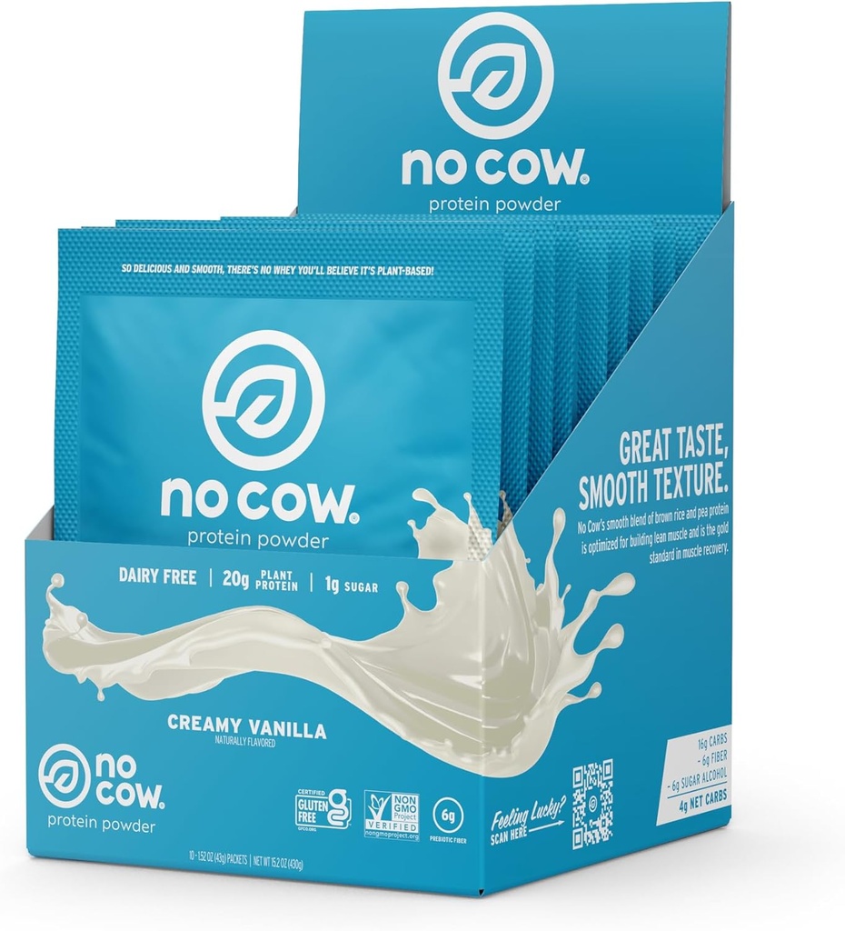 Sin vaca de vaca de proteína vegana, vainilla, 20g de proteína con base vegetal, paquetes de ser individuales, libre de lácteos, soy libre, sin azúcar añadido, Keto Friendly, sin gluten, naturalmente endulzado, no GMO, Kosher, 10 conde
